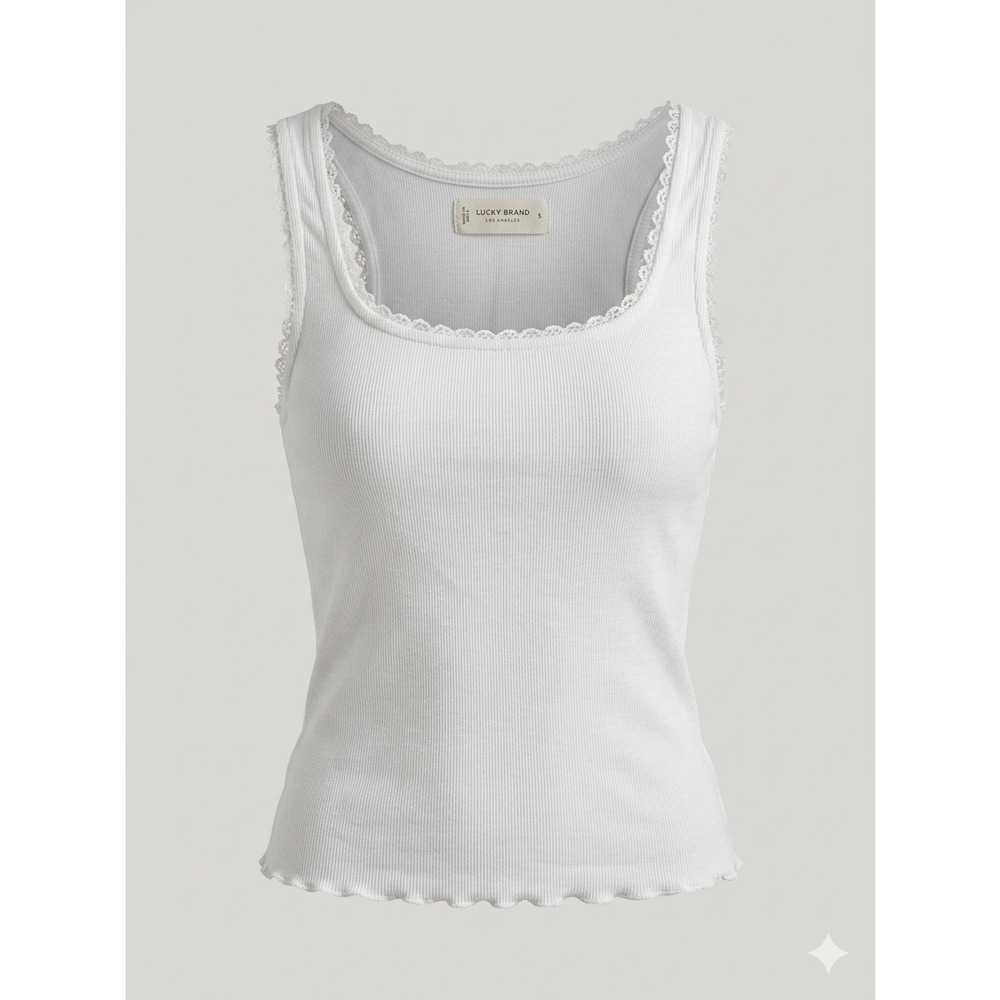 Lucky Brand White Lace Trim Ribbed Tank Top Y2K Vintage Coquette Cottagecore S